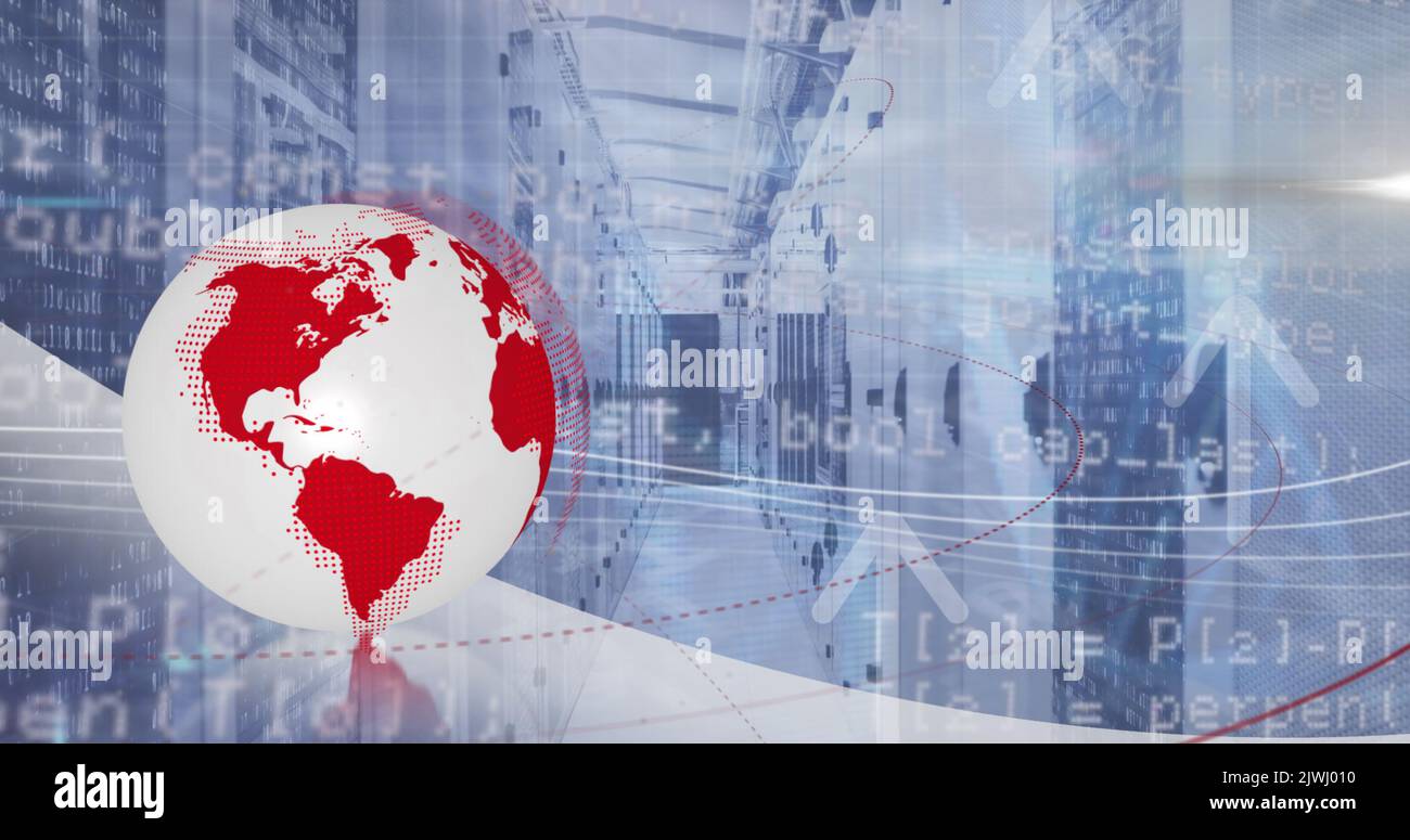 Image of spinning globe arrow icons and data processing over empty