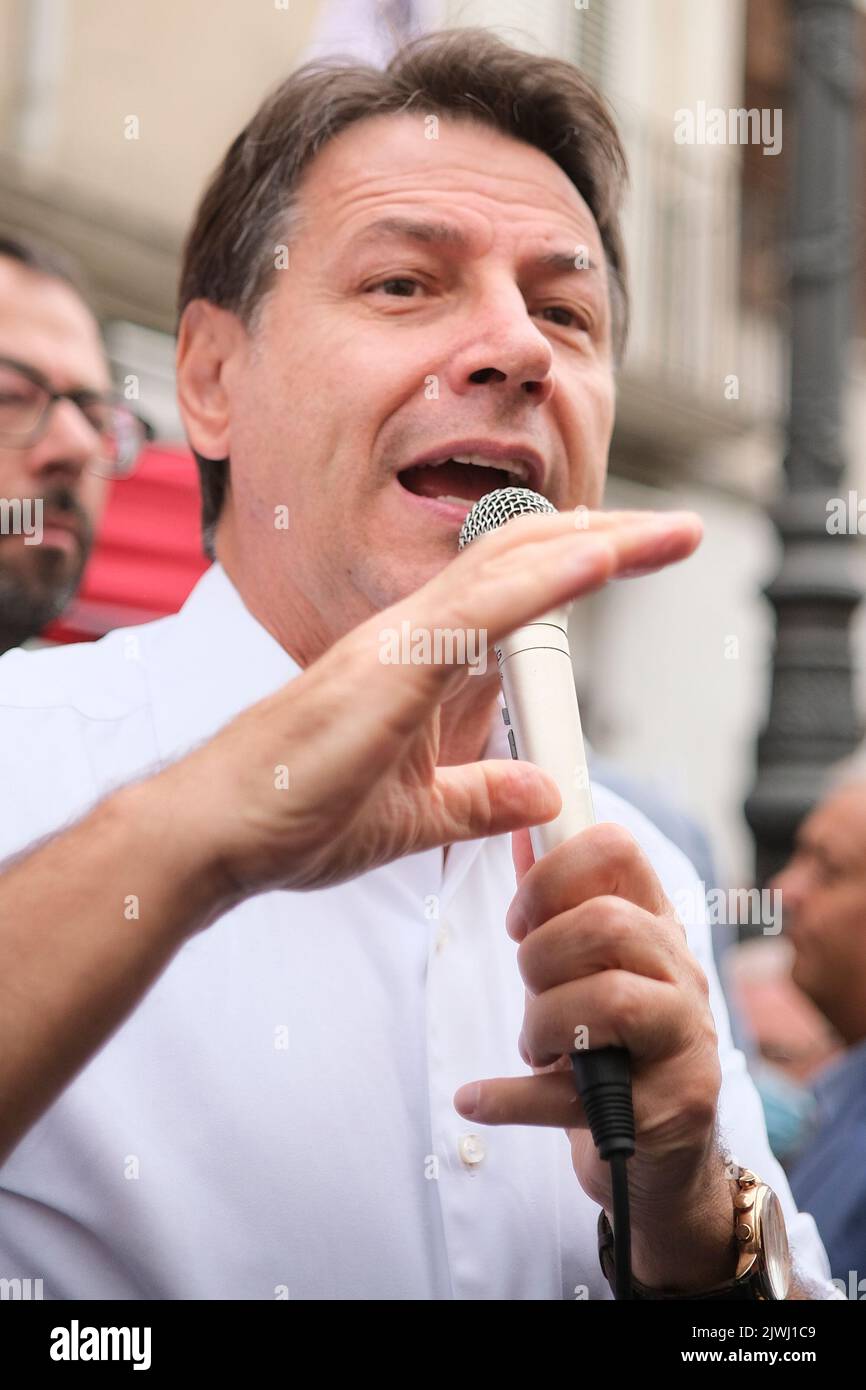 The political leader of the Five Stars Movement, Giuseppe Conte during the electoral tour in Avellino, for the Italian political elections of 25 September 2022. Stock Photo