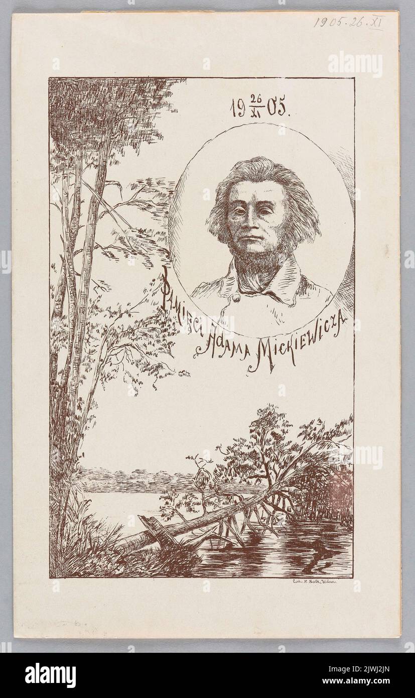 Programme of a Mickiewicz-themed evening to commemorate the 50th anniversary of the poet’s passing, of November 26th, 1905, in Vilnius, with a portrait of the poet according to a daguerreotype from the year 1842. Matz, N. (Wilno), lithographer, Zawadzki, Józef (Wilno ; drukarnia ; 1805-1939?), printing house Stock Photo