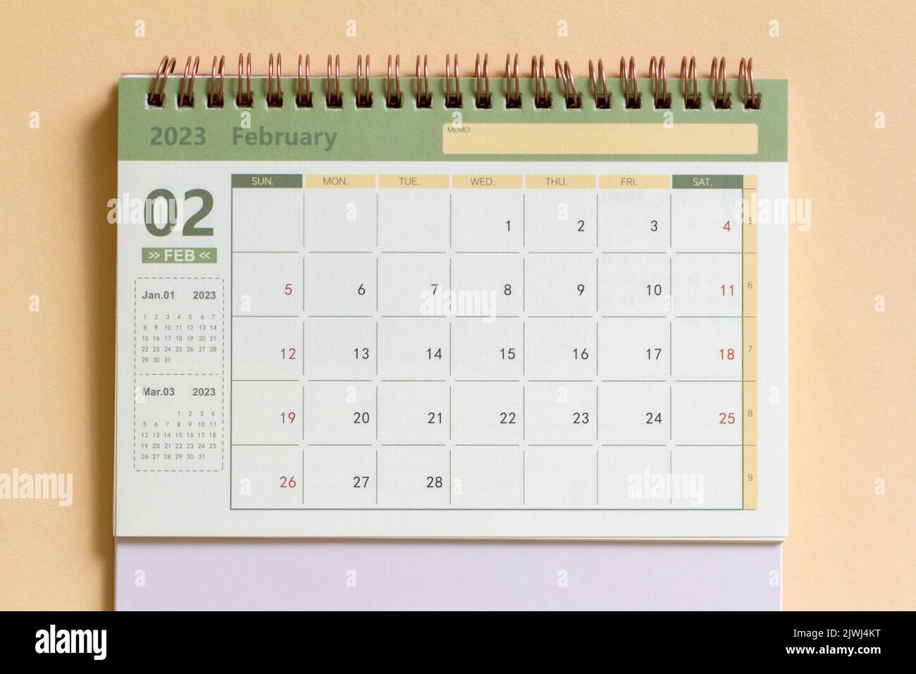 Hello, February.Desktop calendar for planning for February 2023 Stock