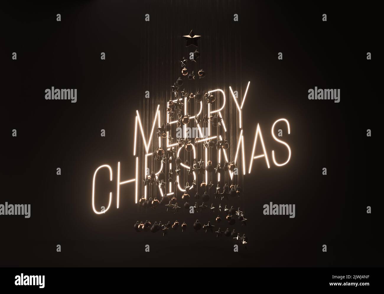 A concept of a collection of hanging christmas decorations making the shape of a tree backlit by a neon sign saying merry christmas - 3D render Stock Photo