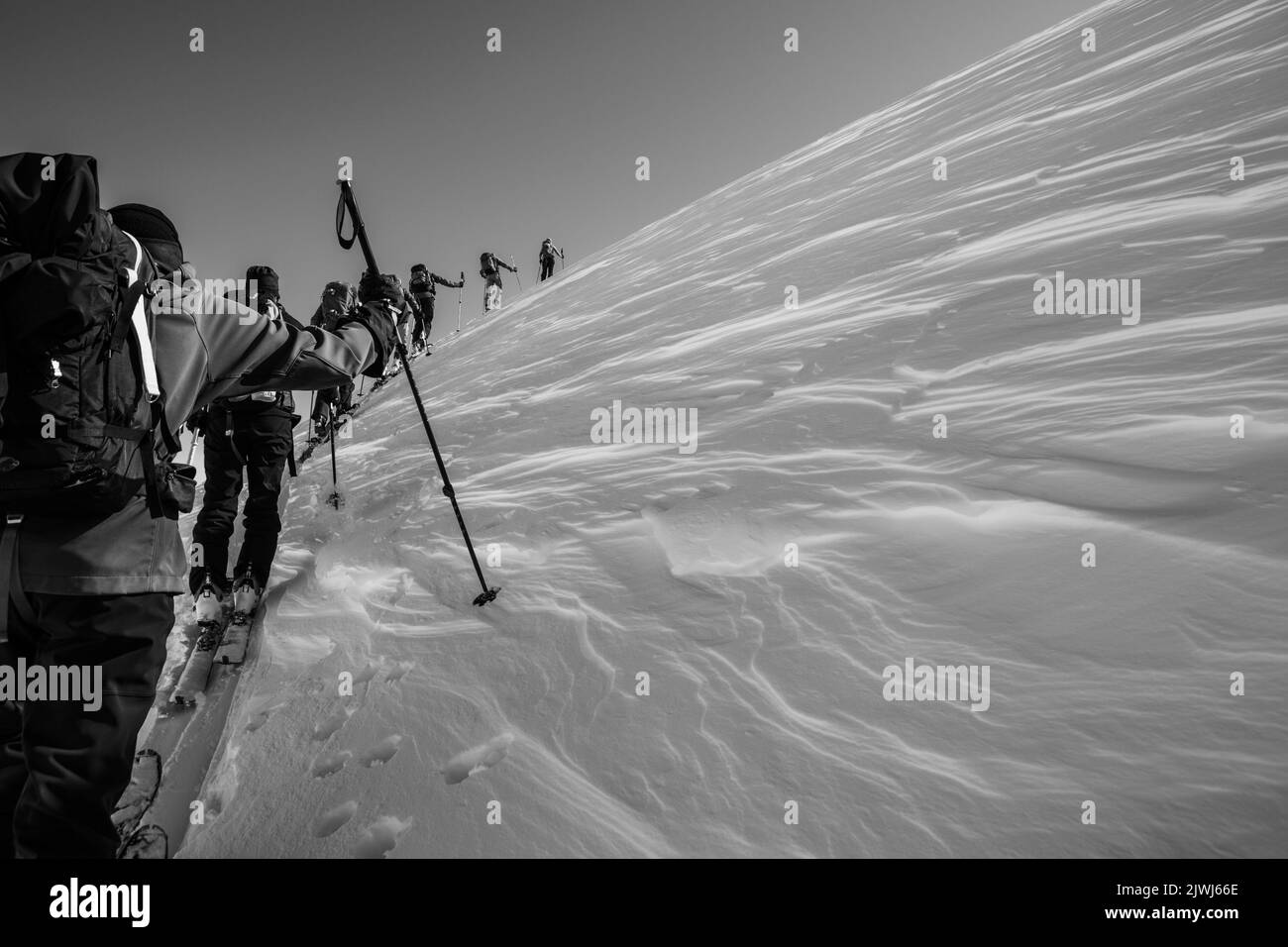 Group on skis climbing snowy mountain in a row Stock Photo