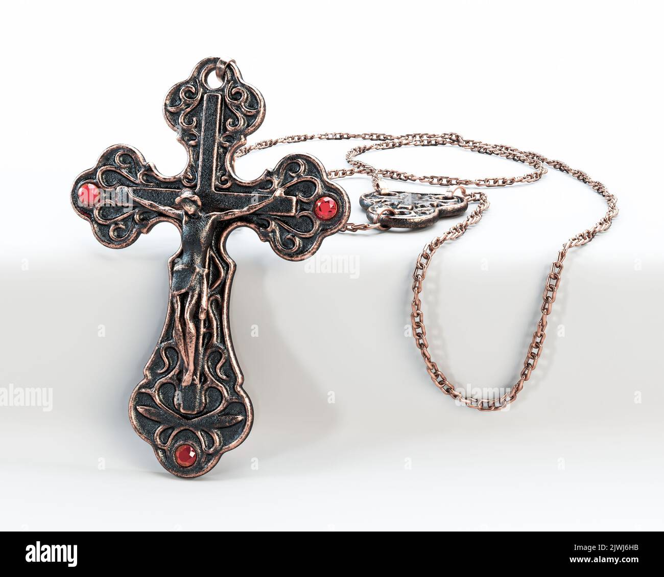 A closeup of an ornate brass antique rosary chain necklace with a crucifix draped on an isolated white background - 3D render Stock Photo