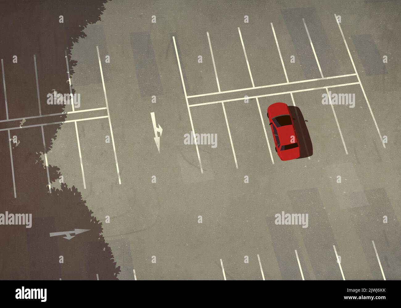 Aerial view red car parked in parking lot Stock Photo