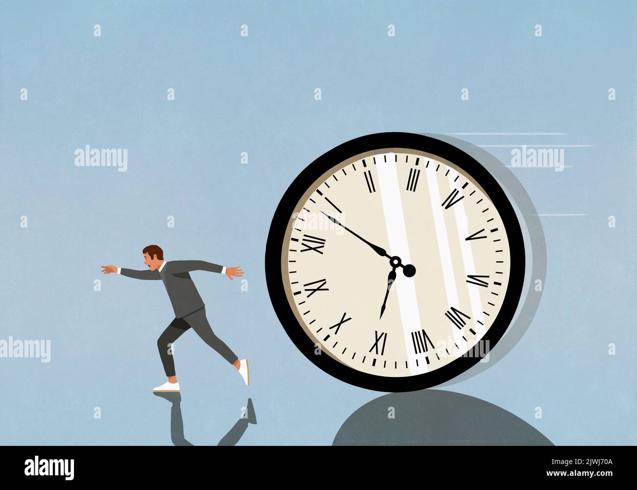 Speeding clock chasing running businessman Stock Photo Alamy