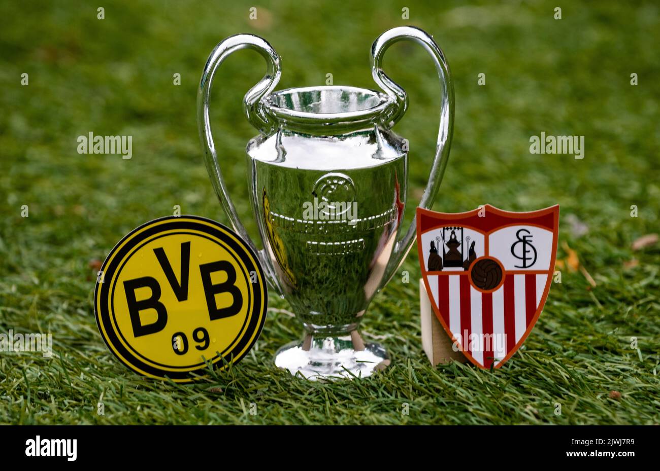 September 3, 2022, Moscow, Russia. Emblems of football clubs participating in the group stage of the UEFA Champions League Borussia Dortmund and Sevil Stock Photo