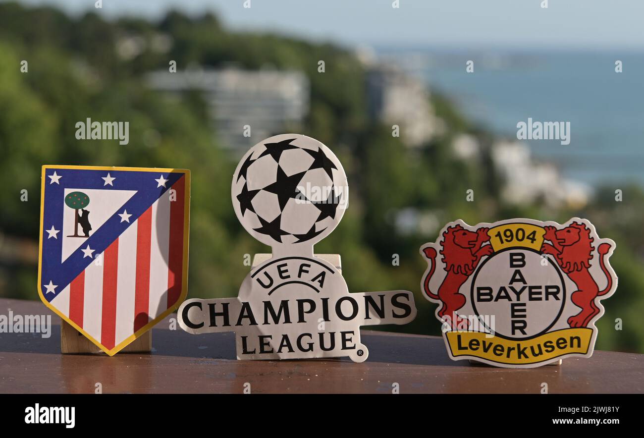 August 26, 2022, Sochi, Russia. Emblems of the football clubs participating in the group stage of the UEFA Champions League Atletico Madrid and Bayer Stock Photo