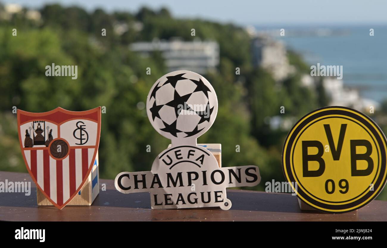 August 26, 2022, Sochi, Russia. Emblems of the football clubs participating in the group stage of the UEFA Champions League Borussia Dortmund and Sevi Stock Photo