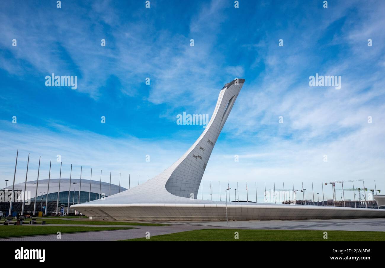 December 11, 2021, Sochi, Russia. The torch of the 2014 Winter Olympic Games on the square in the Olympic Park in Sochi. Stock Photo