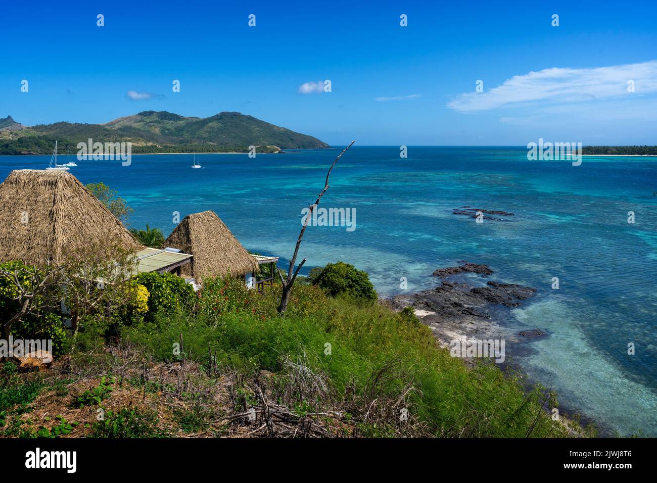 View of lagoon and surrounding islands from Nanuya Island Resort, Yasawa Islands, Fiji Stock Photo