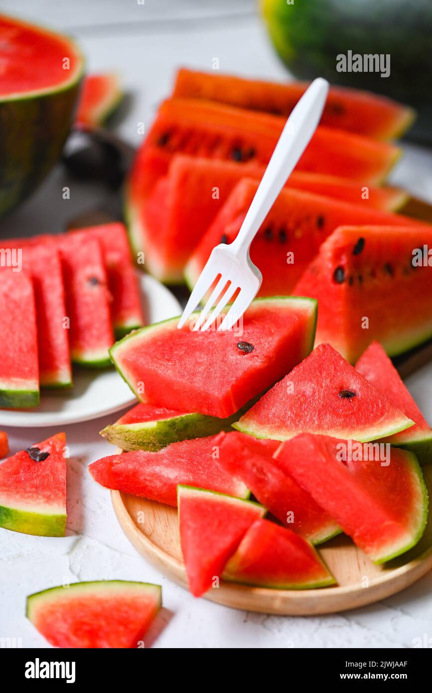 Watermelon slice on plate, Closeup sweet watermelon slices pieces fresh watermelon tropical summer fruit Stock Photo