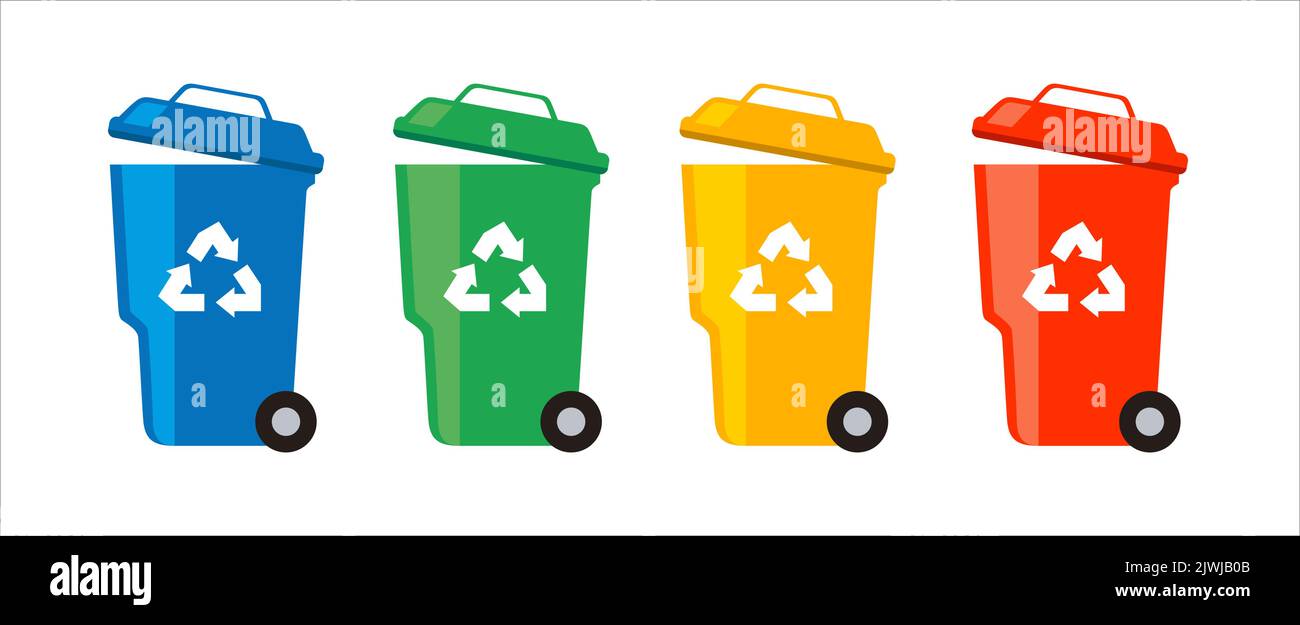Green, yellow, red, blue Trash Bins. Sorting garbage. Nature
