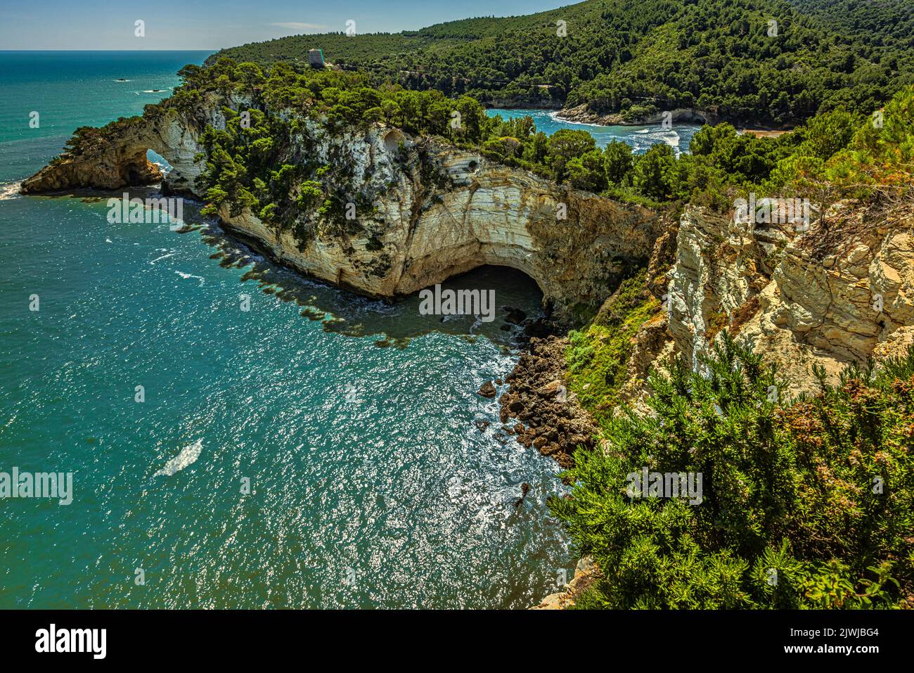 Natural arch in one of the Gargano promontories. The Arch of San Felice is one of the tourist attractions of Puglia. Vieste, Foggia province, Puglia Stock Photo