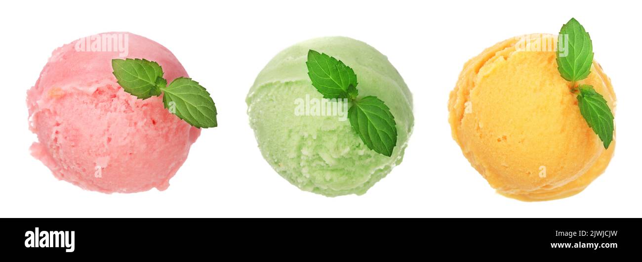Strawberry ice cream ball with a mint leaf isolated on white background ...