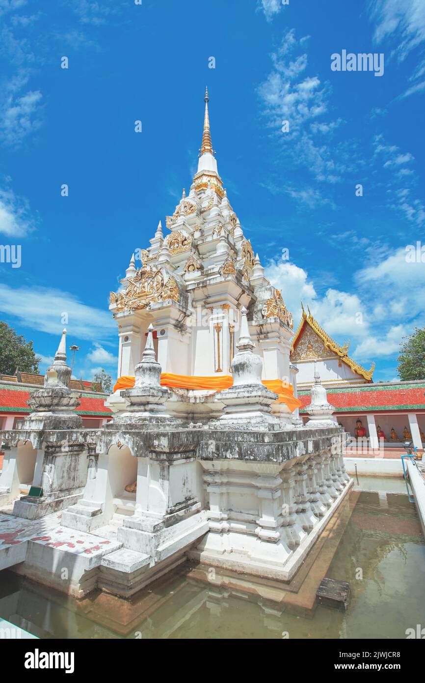 The Famous Pagoda Phra Borommathat Chaiya at Wat Phra Borommathat Chaiya Ratchaworawihan temple in Chaiya district, Surat Thani Province, Thailand. Stock Photo