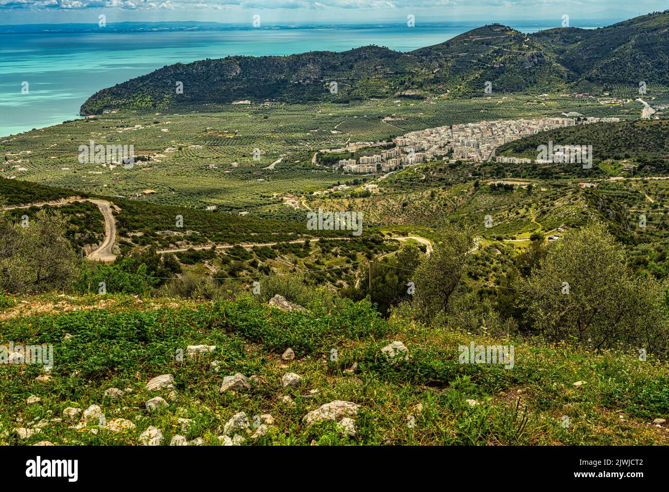 Panorama of the Gargano promontory, and of the city of Mattinata. The Apulian city overlooks the Gulf of Manfredonia and is a seaside resort. Puglia Stock Photo