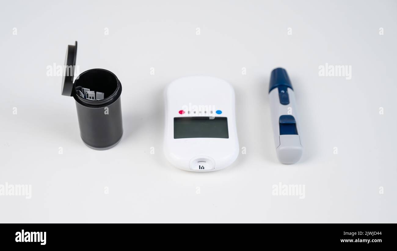 Home blood glucose test kit. lancet pen, needles and text