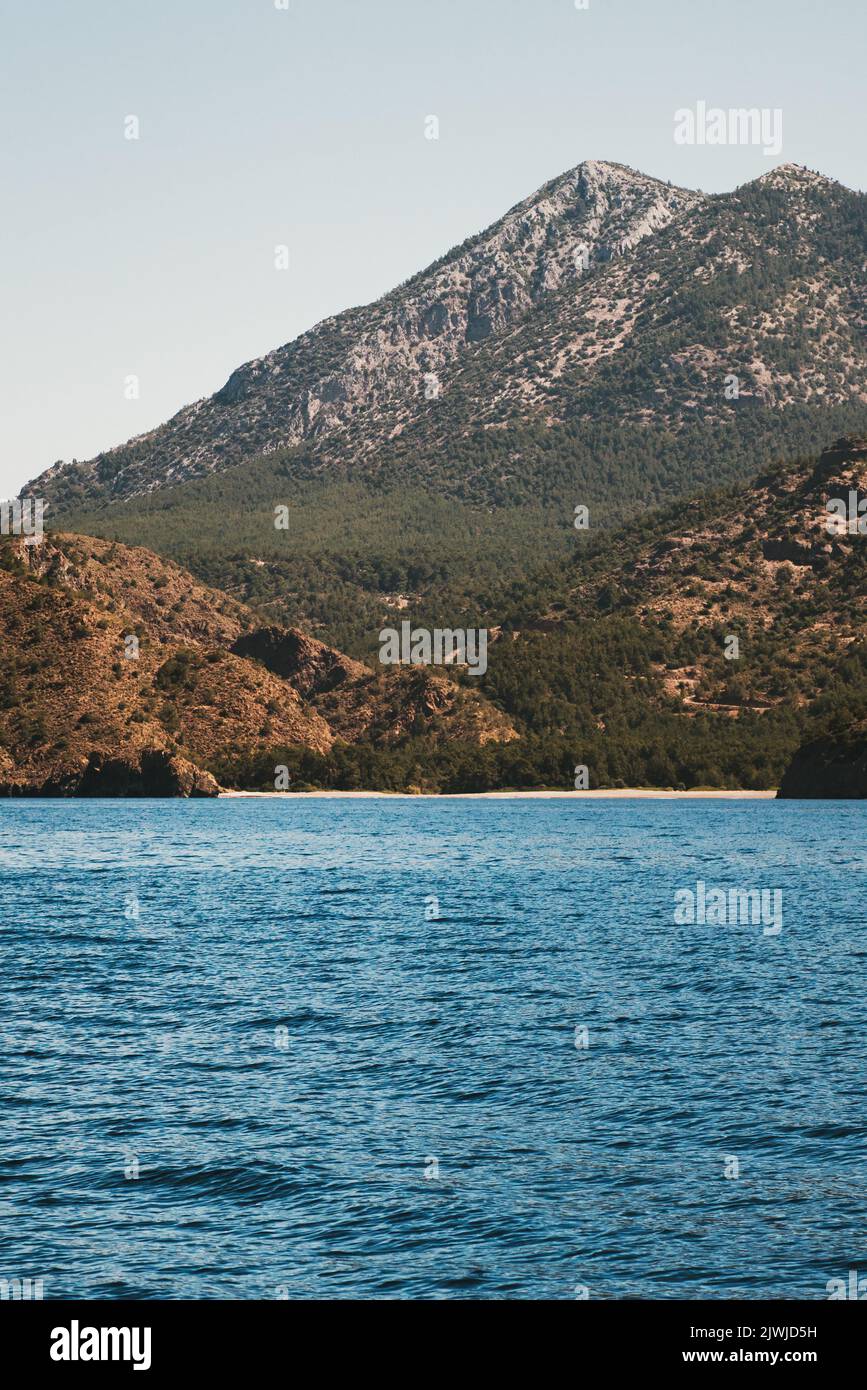 Aegean sea bay and mountain landscape in Turkey nature destinations beautiful travel scenery summer season Stock Photo