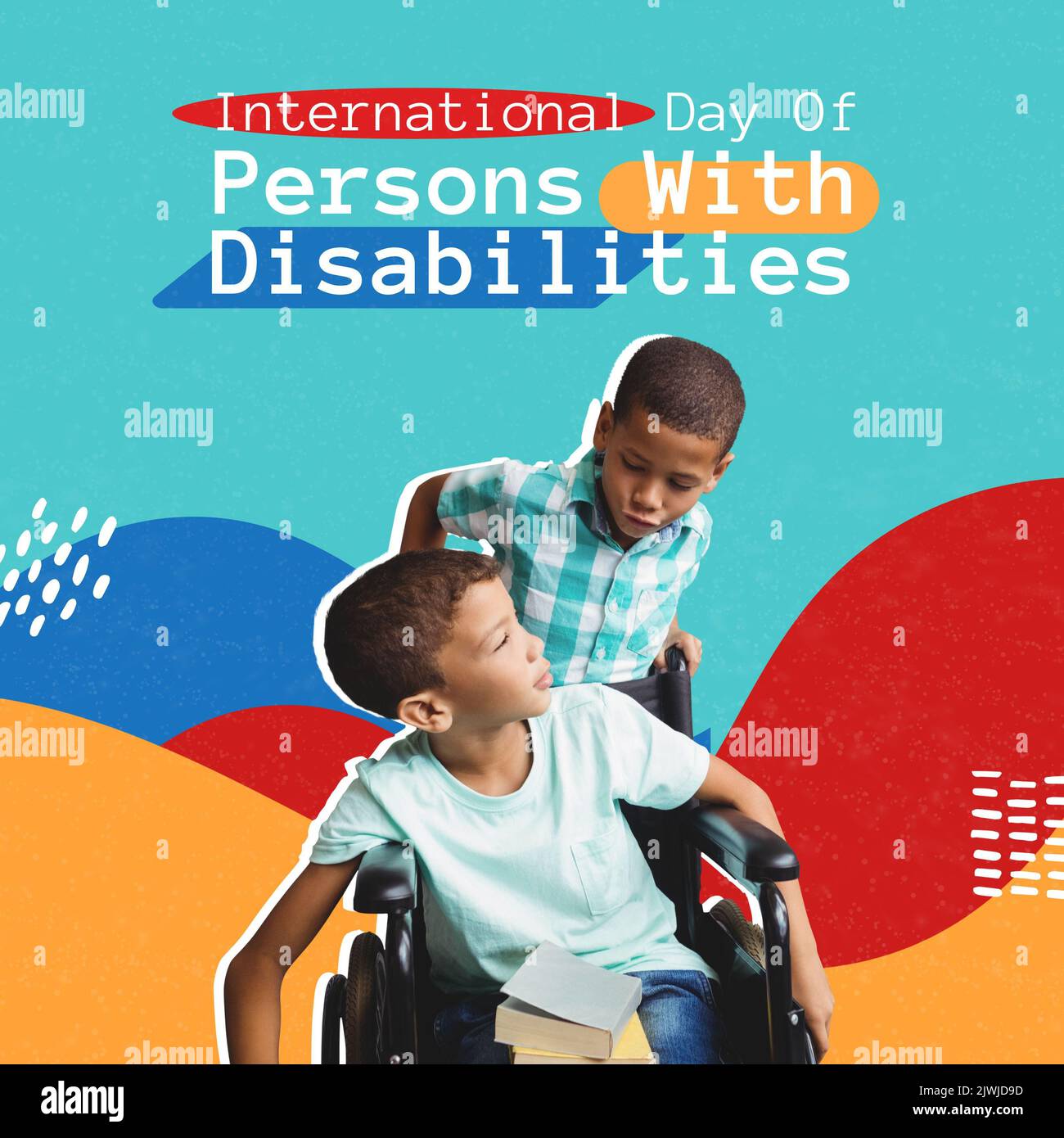 International day of persons with disabilities text, boy talking with friend sitting on wheelchair Stock Photo