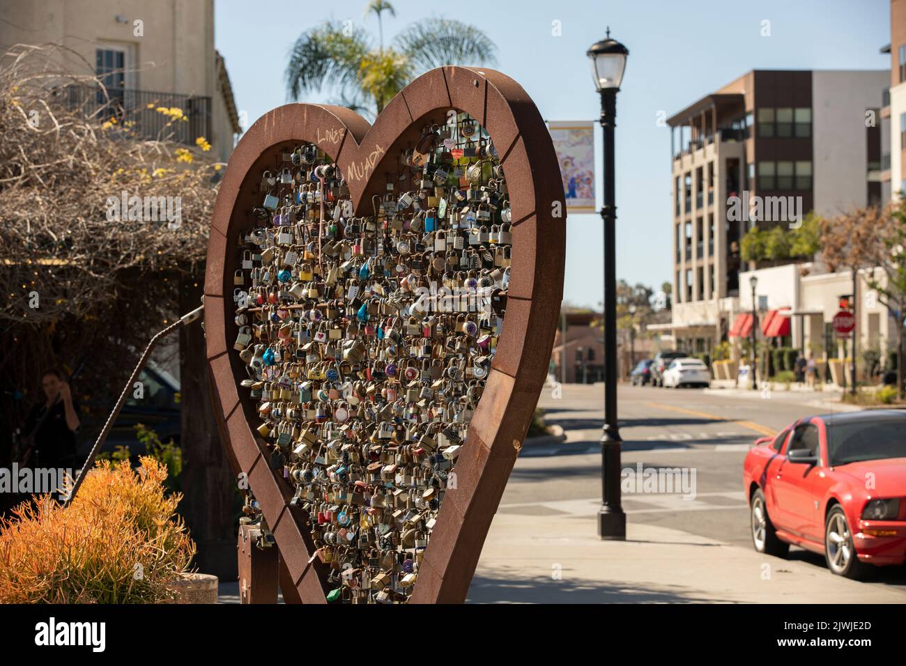 Vista, California, USA - February 13, 2022: Afternoon sunlight shines on the public art installation sculpture Love Locks. Stock Photo