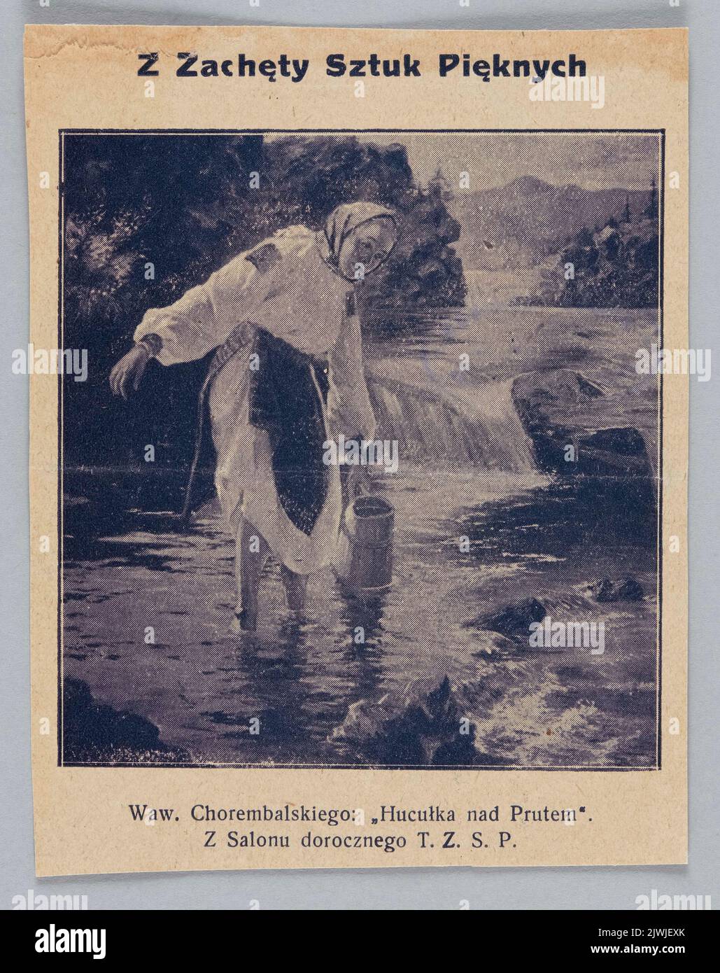 Reproduction of a painting: Chorembalski, Wawrzyniec (1888-1965) Hucułka nad Prutem [A Hutsul woman at the river Prut]; excerpt from a magazine. unknown, publisher Stock Photo