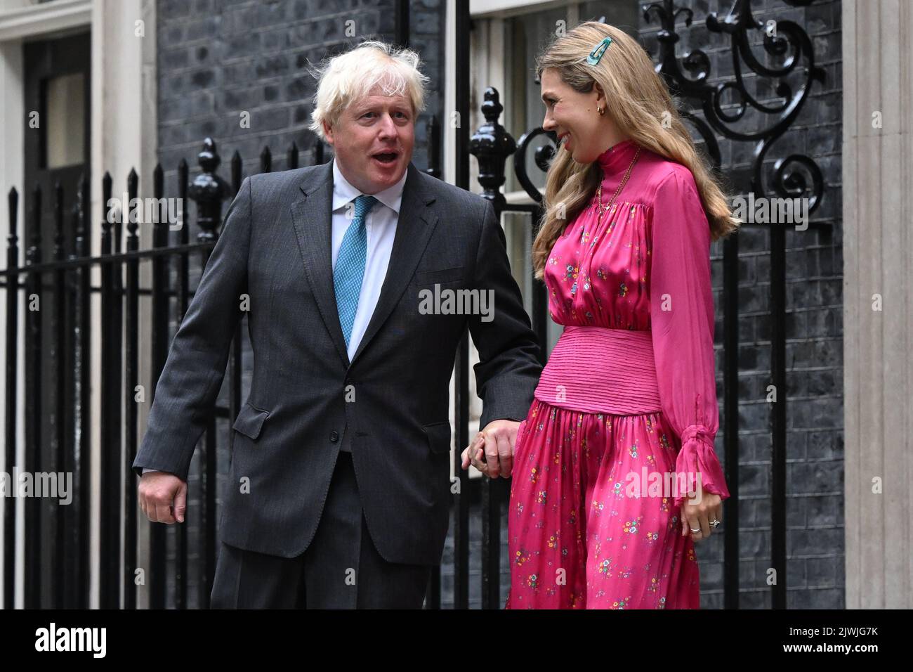 Outgoing Prime Minister Boris Johnson and wife Carrie step out of no 10 Downing Street, London