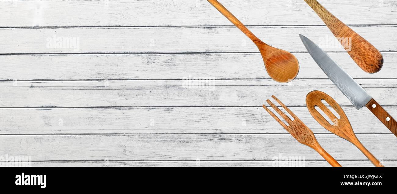 Topview of Set Cooking Utensils on White Wood Background Stock Photo ...