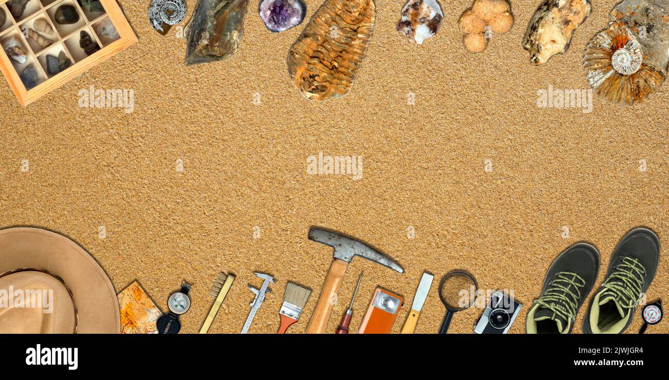 Topview of Set Fieldwork Geology Tools on Textured Background Stock