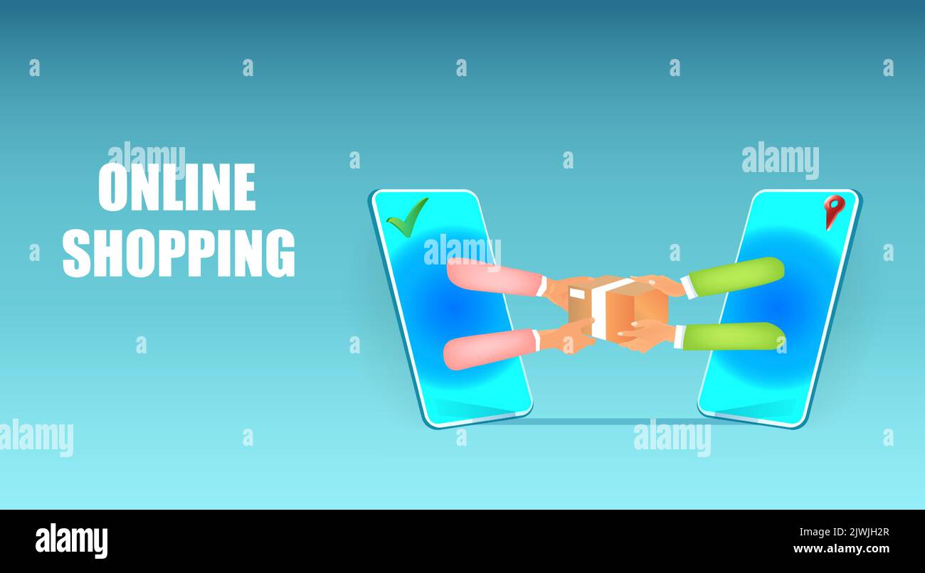 Vector of a deliveryman giving package to a shopper via online phone app. Delivery and shipping concept. Stock Vector