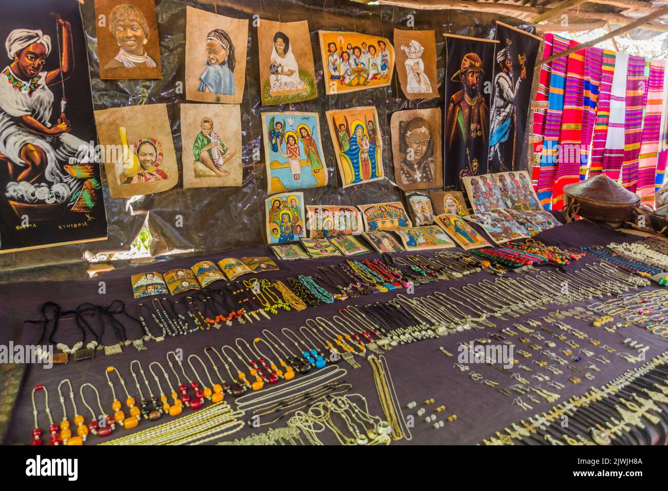 TANA, ETHIOPIA APRIL 1, 2019 Religious items for sale at souvenir