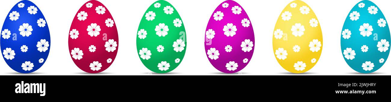 Easter Egg vector set. Colored eggs with flower pattern on white isolated background. Six simple Happy Easter eggs with Bottom shadow. Stock Vector