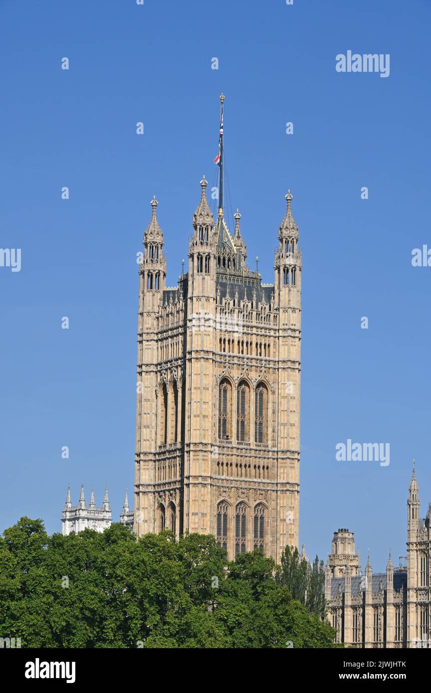 Victoria Tower, Palace of Westminster lies on the north bank of the River Thames in London. Stock Photo