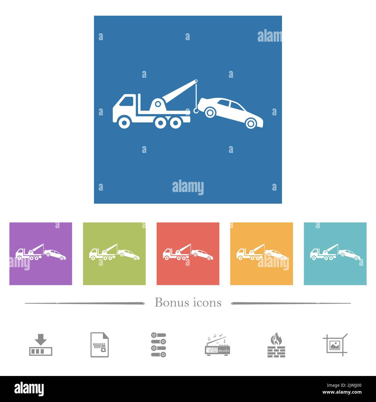 Car towing flat white icons in square backgrounds. 6 bonus icons ...