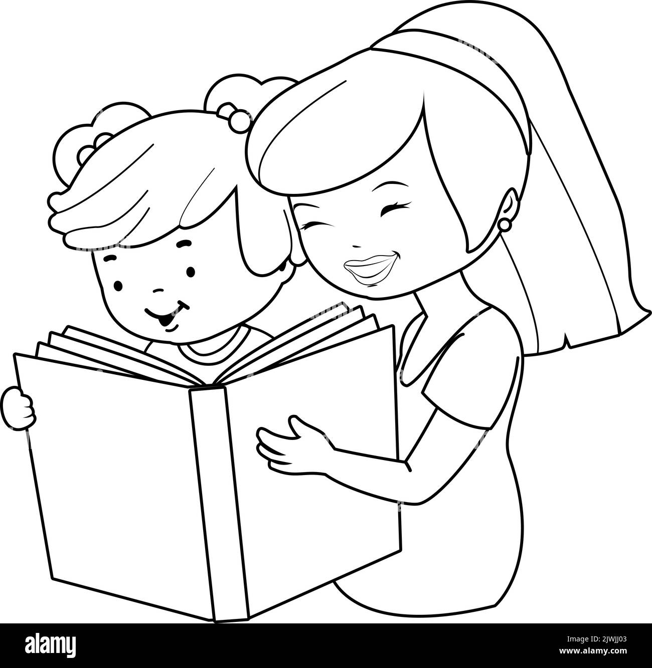 Mother and child reading a book. Vector black and white coloring page Stock Vector