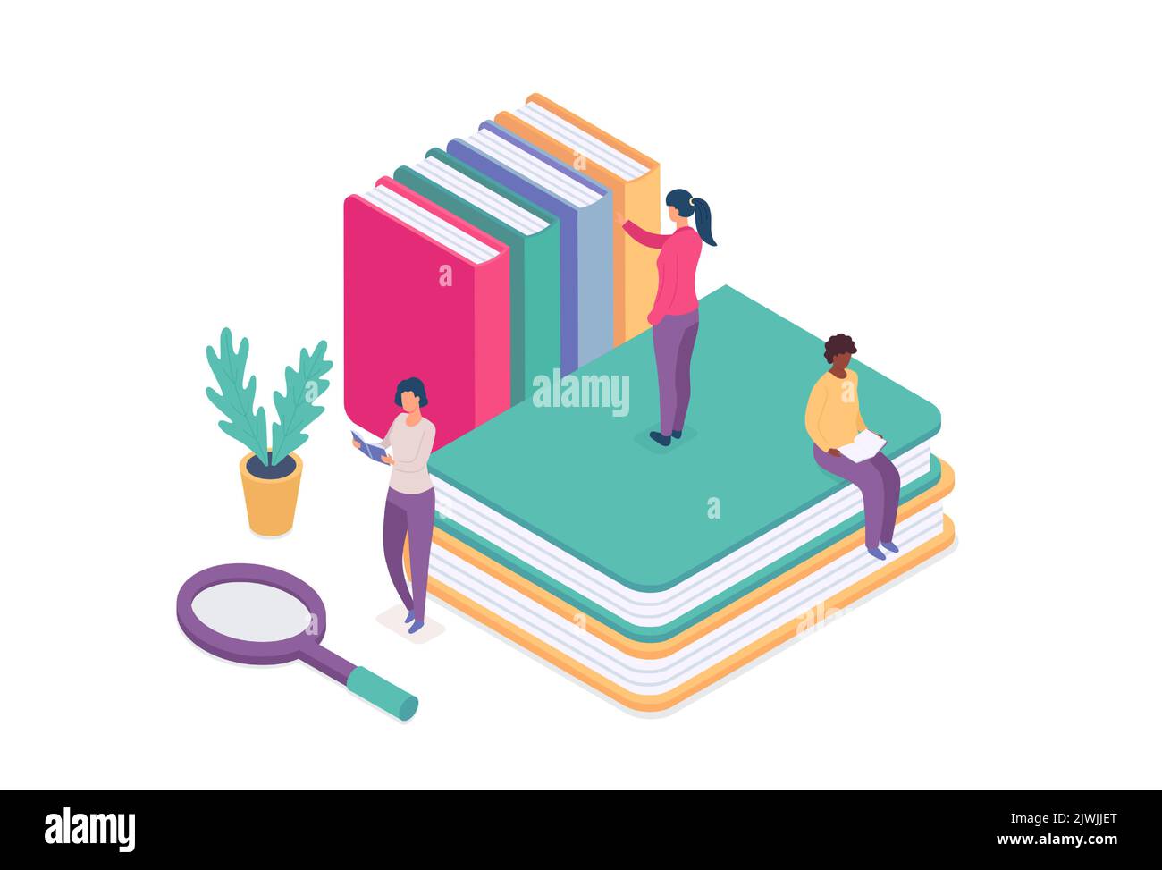 Isometric online library concept, people education with book Stock Vector