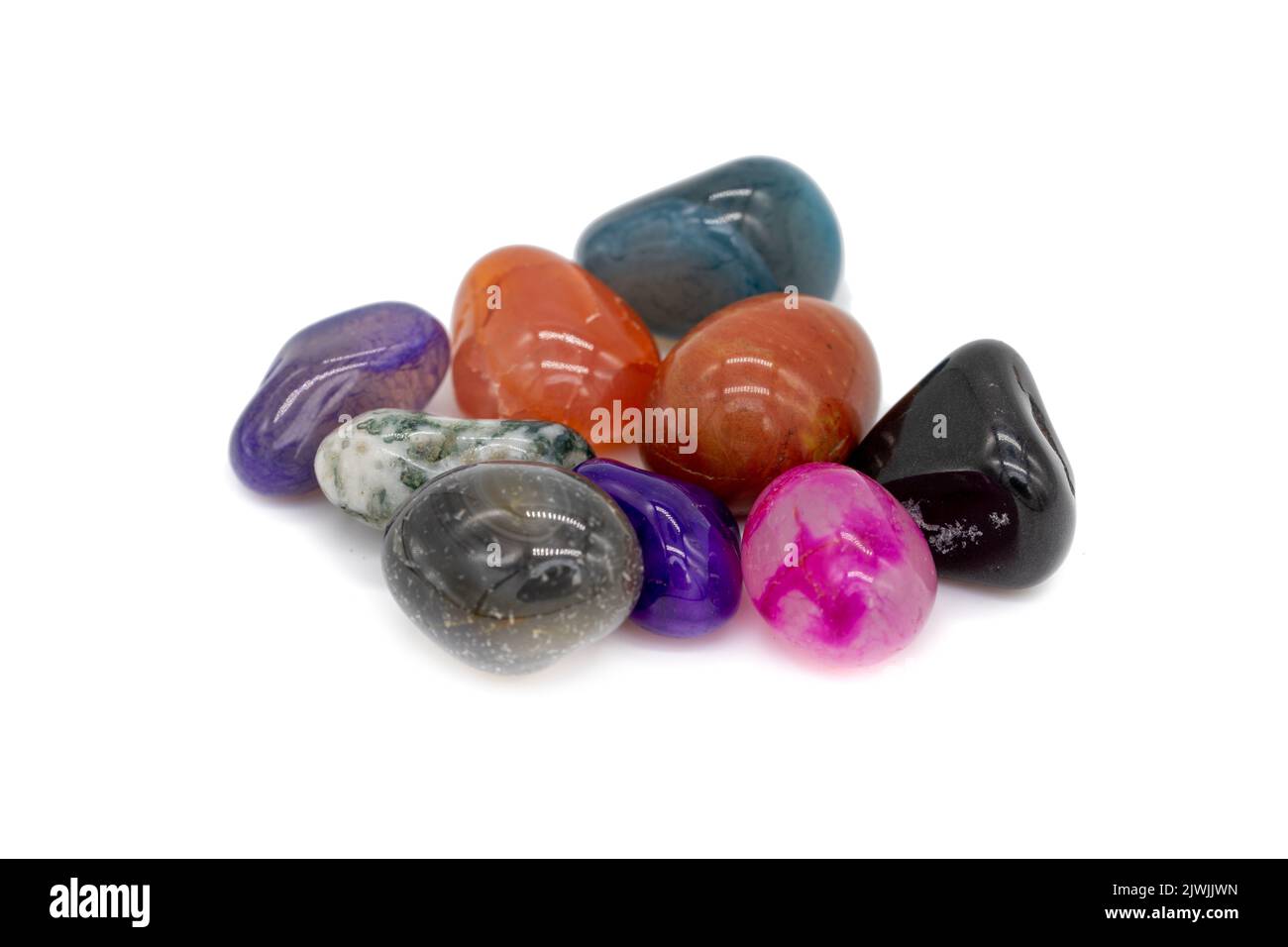 various healing gemstones isolated on white background Stock Photo