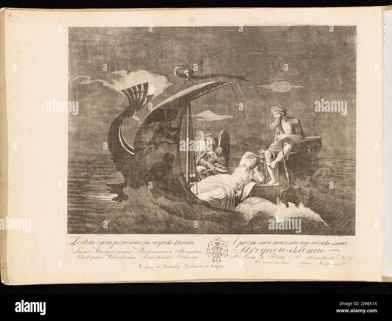 Allegorical composition: ‘The boat of life is steered by eternal judgements. And futile are the dreams of life’s charms’.. Mizutowicz, Tadeusz (1778-1826), graphic artist, Marchand, Jacques (fl. 1769-ca 1845), graphic artist, Weiss, Isidor (1774-post 1809), draughtsman, cartoonist, Caraffe, Armand Charles (1762-1822), painter Stock Photo