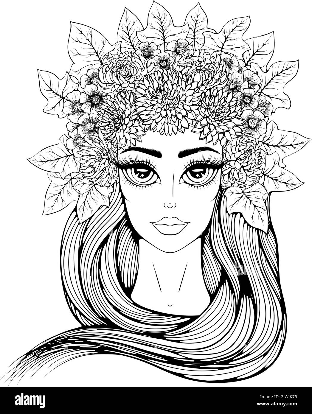 Beautiful girl in flower wreath with long hair line art Stock Vector