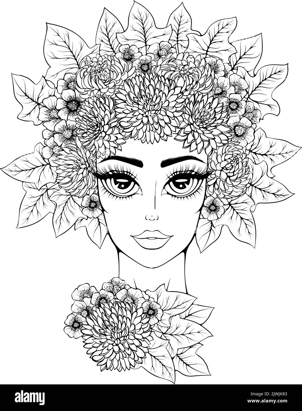 Beautiful girl in flower wreath line art Stock Vector
