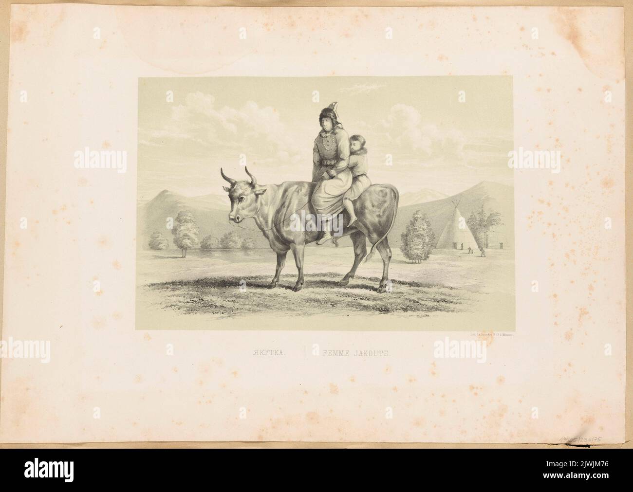 Yakut woman with a child riding an ox. Draeger, F. (Moskwa ; zakład litograficzny ; ca 1850-1860), lithography atelier, unknown, graphic artist, Niemirowski, Leopold (1810-1883), draughtsman, cartoonist Stock Photo
