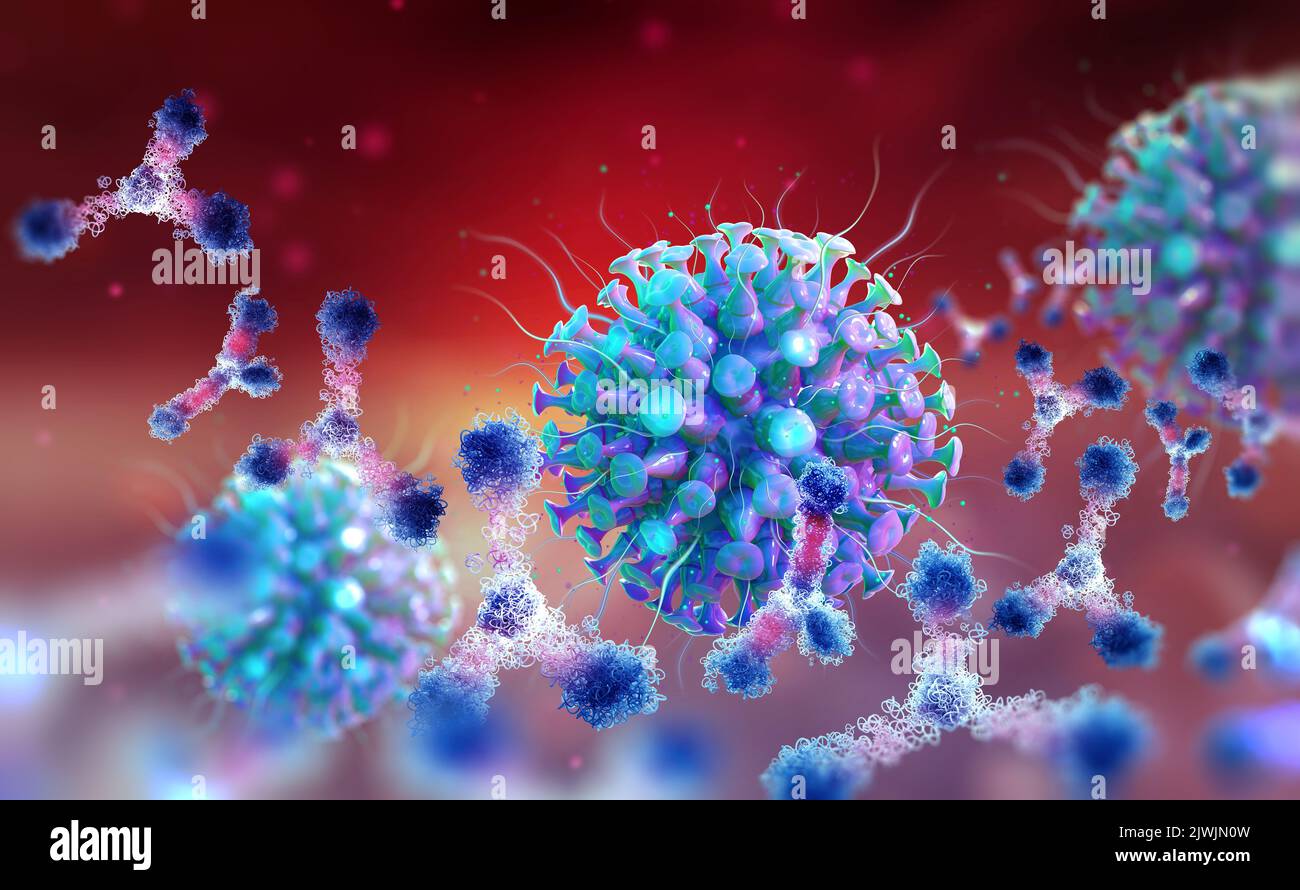 Virus protection. Antibodies and viral infection. Immune defense of the body. Attack on antigens 3D illustration Stock Photo