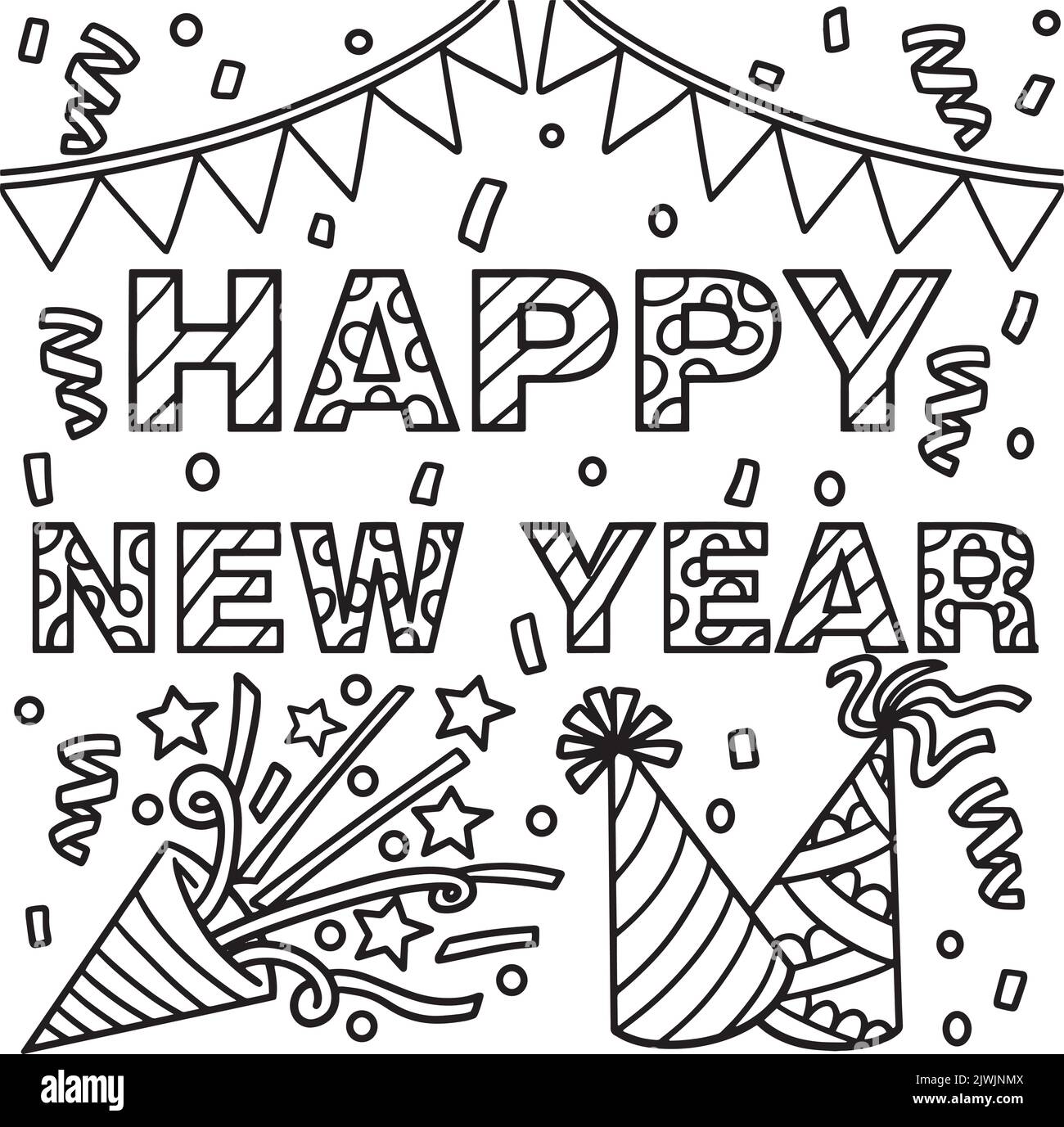 new-year-banner-and-party-hat-coloring-page-stock-vector-image-art-alamy