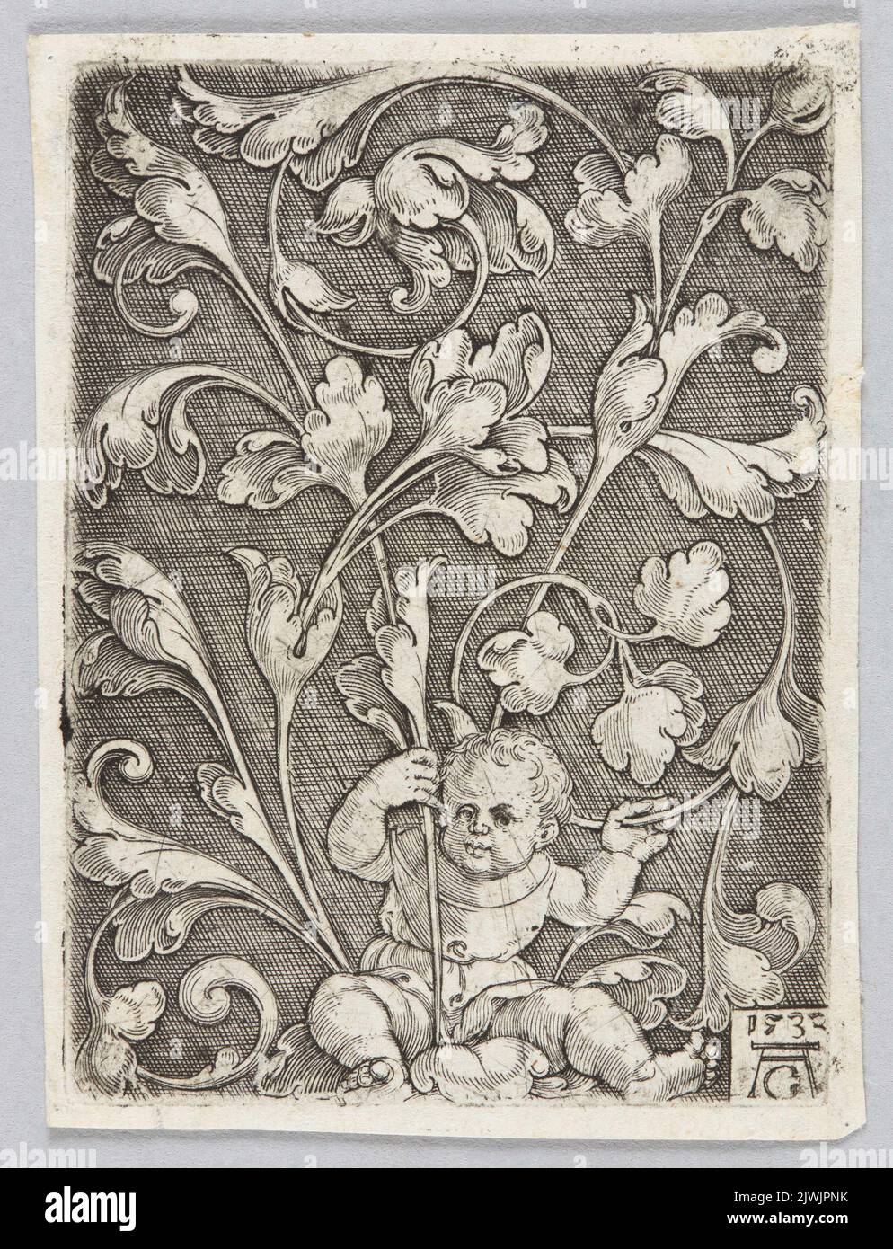 Vignette with child and plant tendrils. Aldegrever, Heinrich (1502-1555/1561), graphic artist Stock Photo