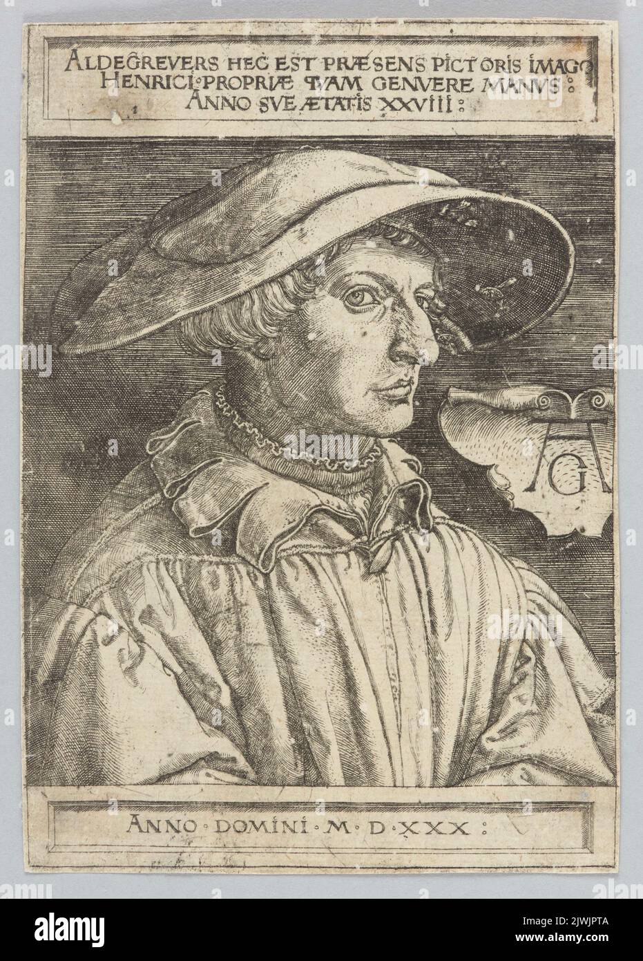 Self-portrait at the age of 28; Aldegrevers hec est praesens pictoris imago Henrici propriae quam genuere manus: Anno sue aetatis XXVIII. Aldegrever, Heinrich (1502-1555/1561), graphic artist Stock Photo