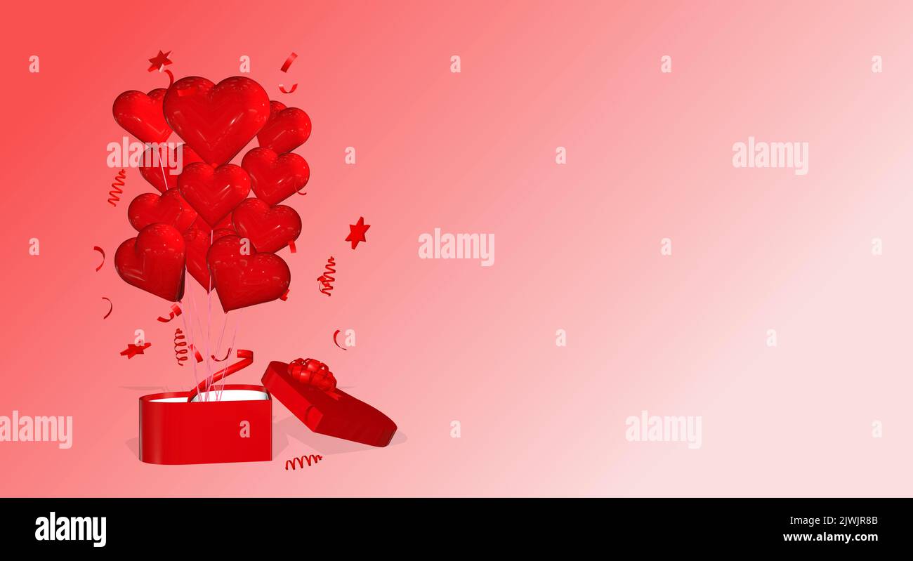 bunch of 3D rendered heart shaped balloons from a heart shaped gift box ...