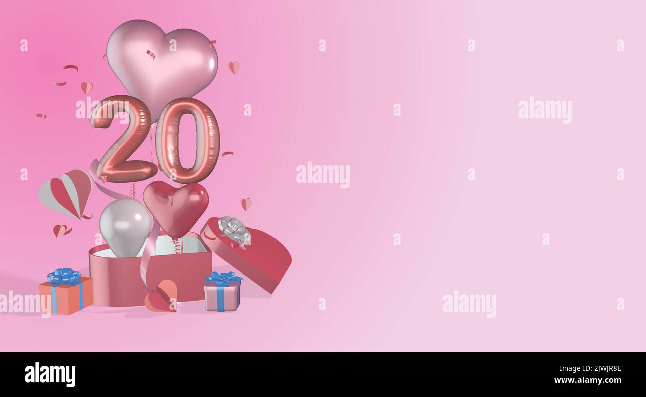 20th birthday background banner twentieth anniversary backgrounds banners with numerals number balloons heart balloons and copy space for text Stock Photo