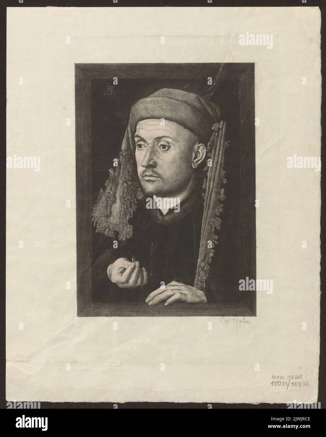 Portret mężczyzny w niebieskim zawoju wg Jana van Eycka. Die graphischen Künste (Wiedeń ; periodyk ; 1879-1933), merchant employer, Halm, Peter von (1854-1923), graphic artist, Eyck, Jan van (ca 1390-1441), painter Stock Photo