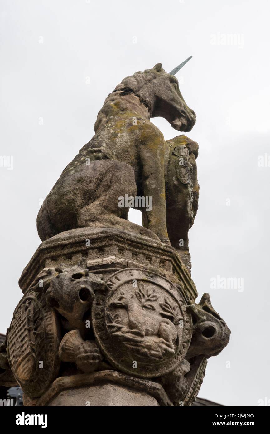 The unicorn or puggy is the only original part of the Stirling Mercat Cross. Stock Photo