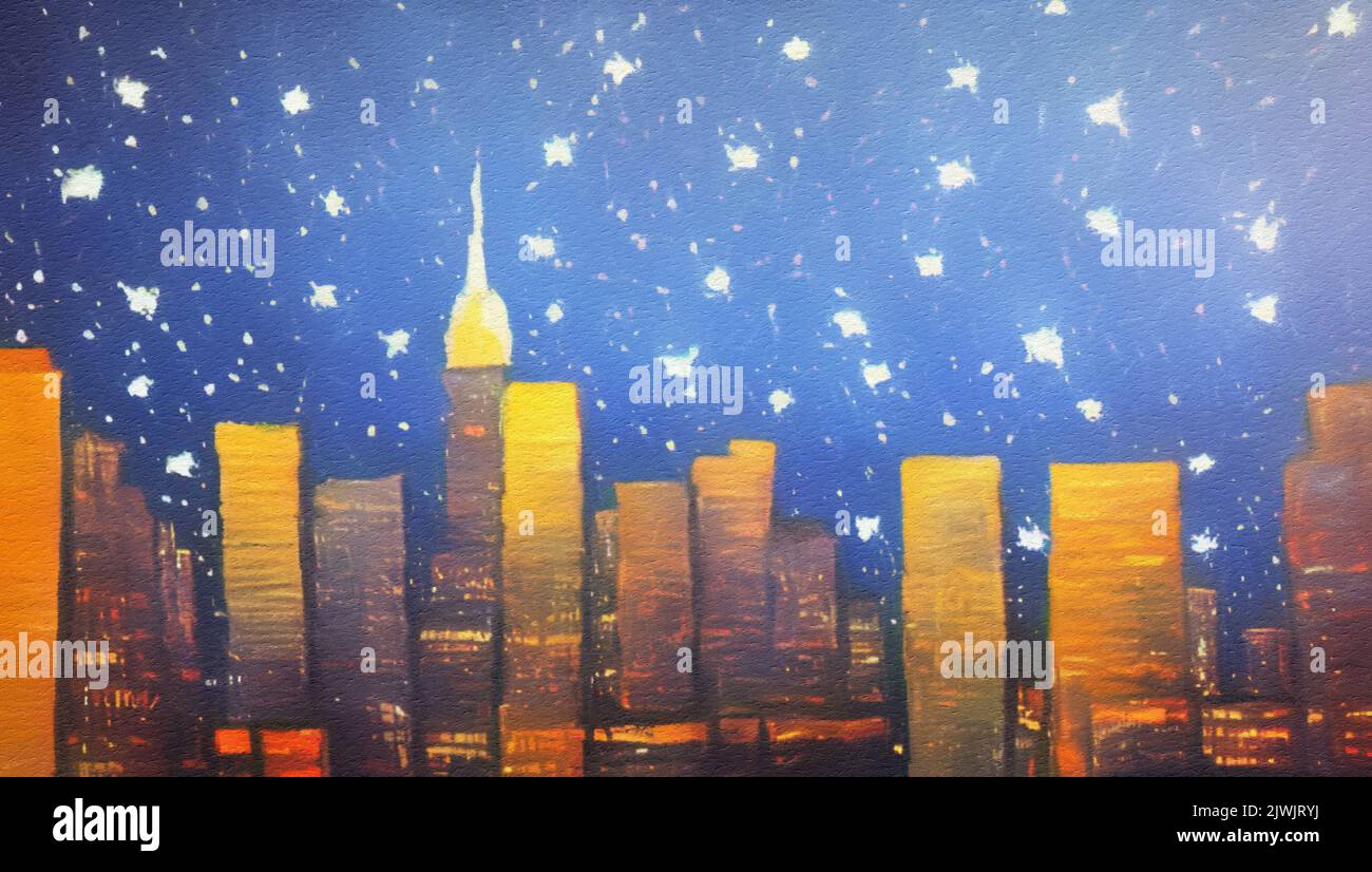 Night in New York, NY. Oil painting modern impressionism art. Bright