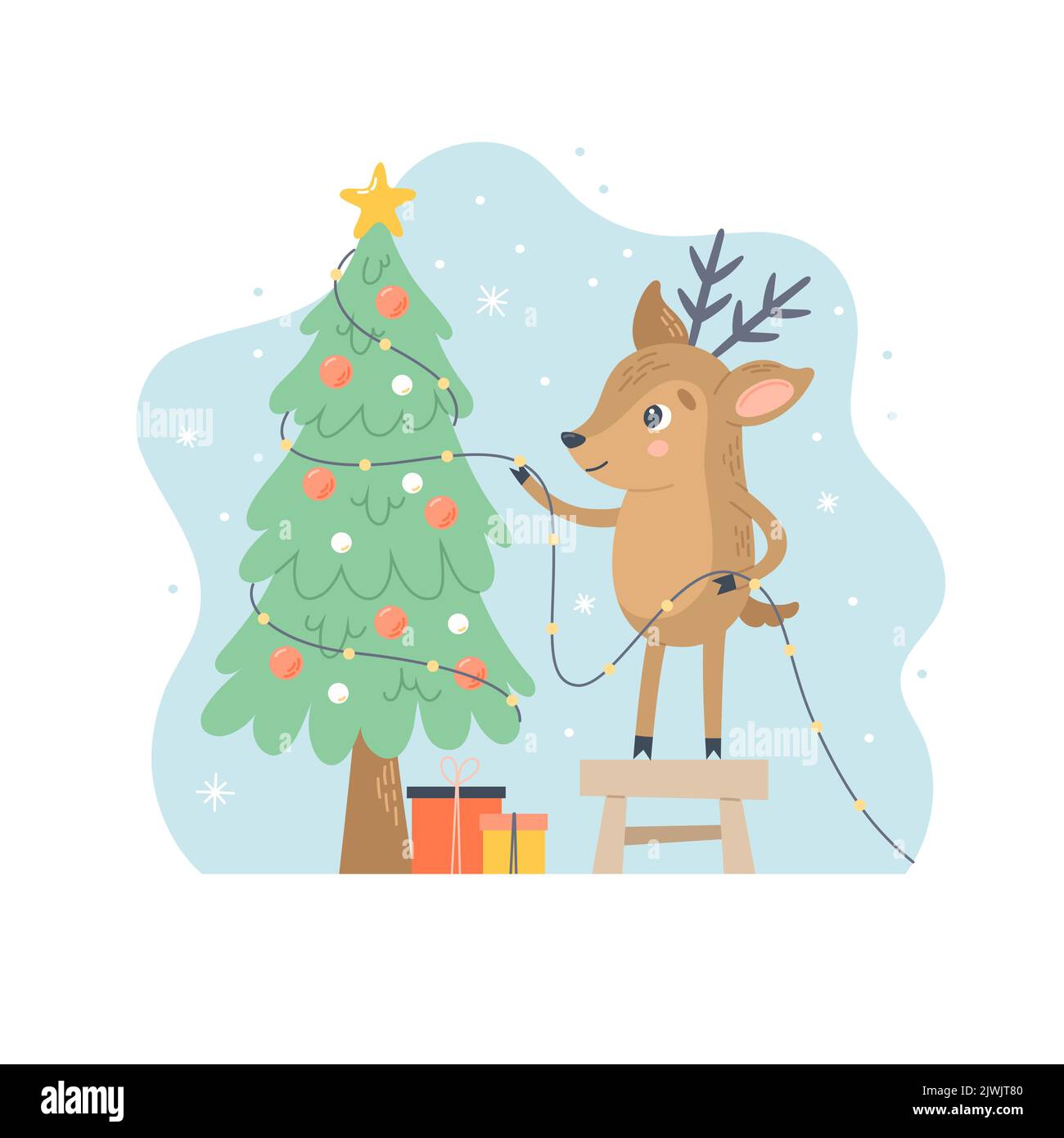Deer decorating christmas tree. Winter character with decorations and gifts. Cute christmas seasonal vector illustration in flat cartoon style Stock Vector